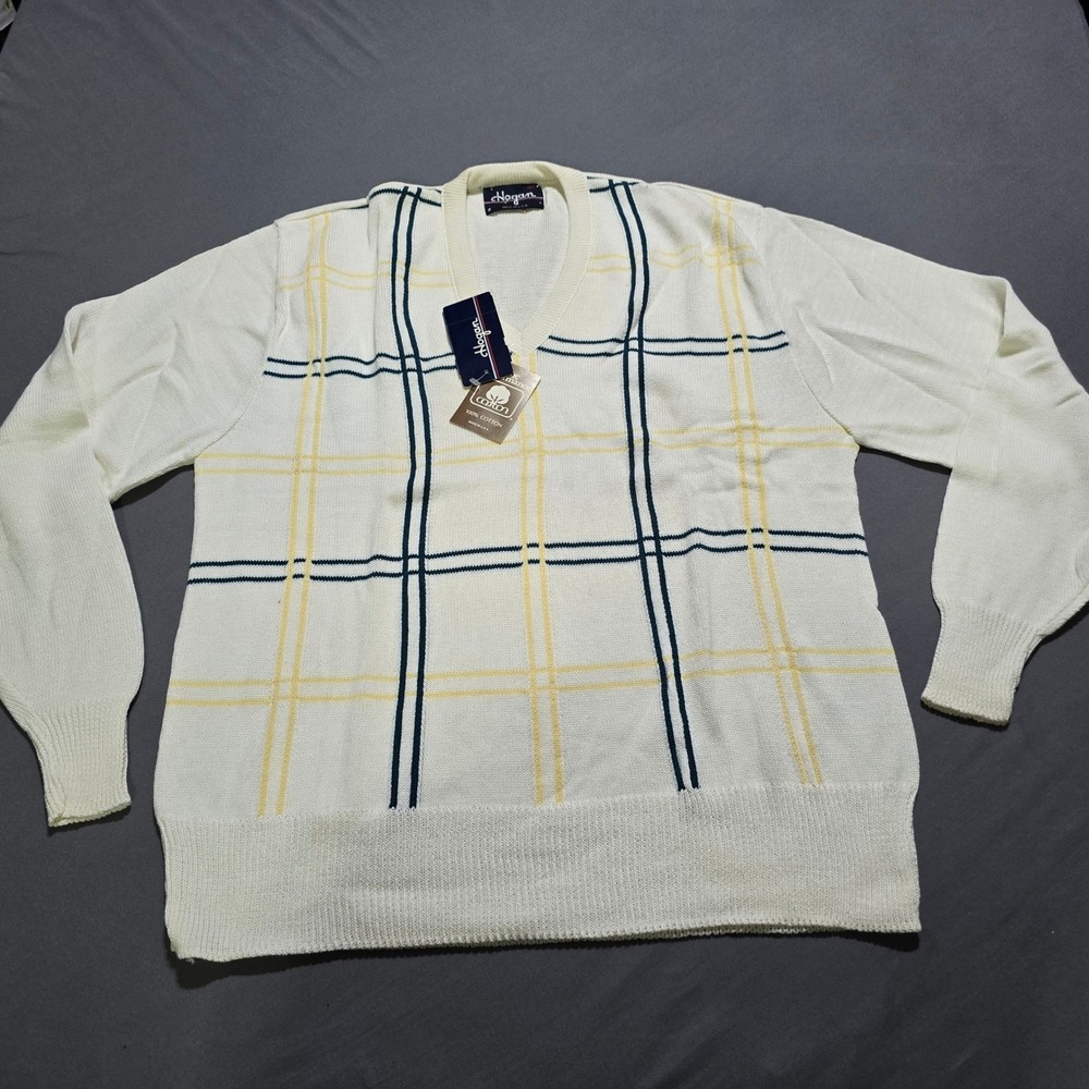 Hogan V-Neck Sweater Mens XL White Plaid Cotton Knit Vintage Made in USA NWT